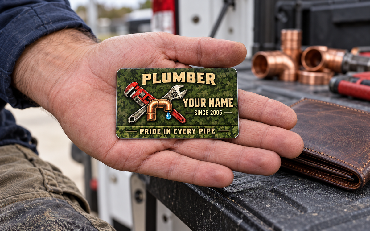The printed front of the Plumber Rugged Field Pride aluminum wallet card shown in an occupational lifestyle setting with an adult worker.