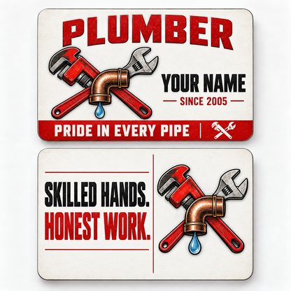 Front and reverse views of the Plumber Signature Modern aluminum wallet card, showing its trade-themed printed artwork.