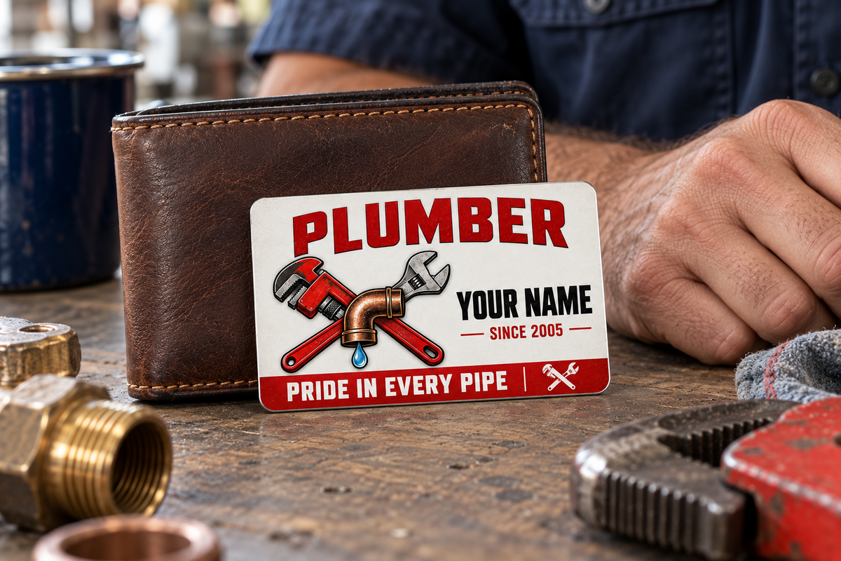 The printed front of the Plumber Signature Modern aluminum wallet card shown in an occupational lifestyle setting with an adult worker.