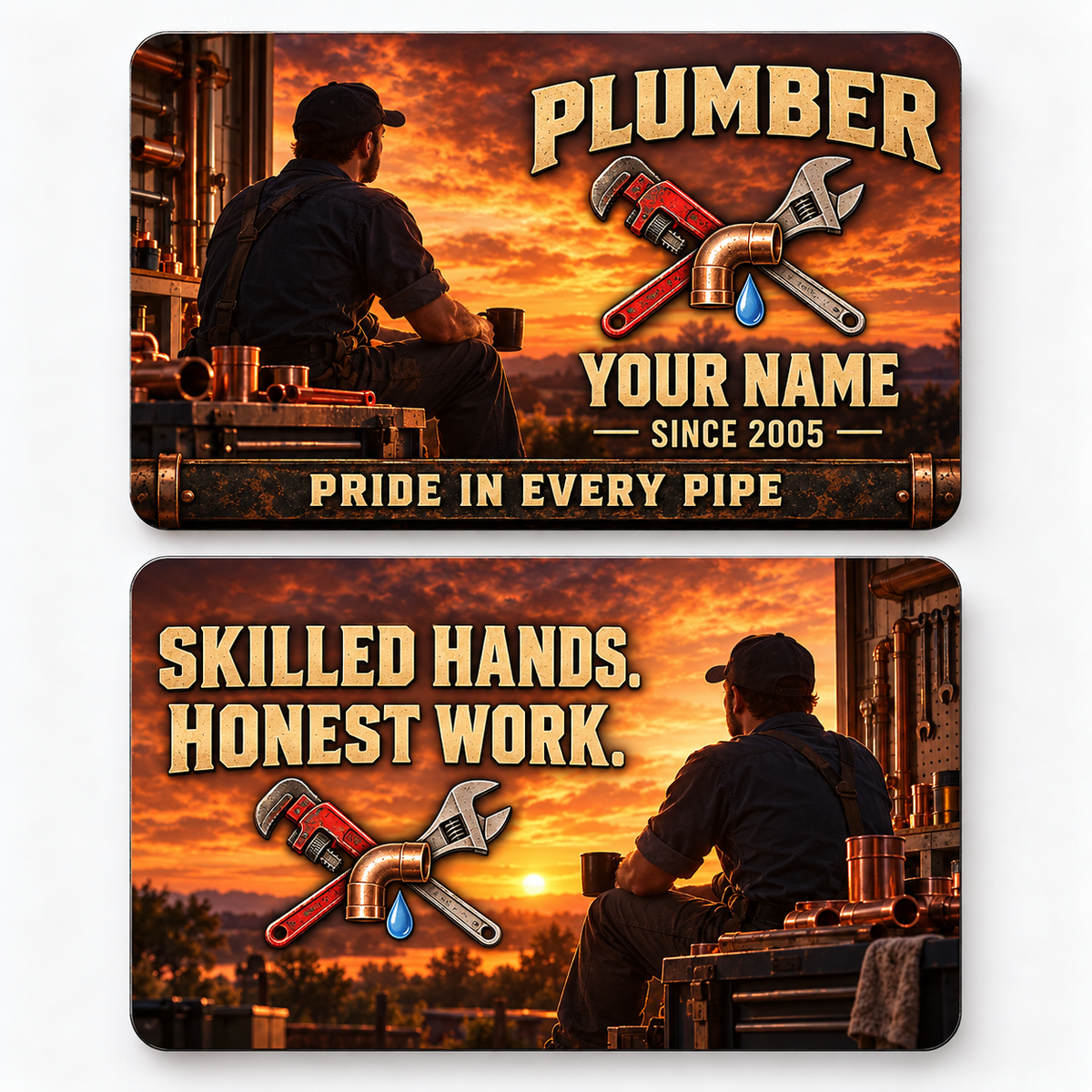 Front and reverse views of the Plumber Sunset Workday aluminum wallet card, showing its trade-themed printed artwork.