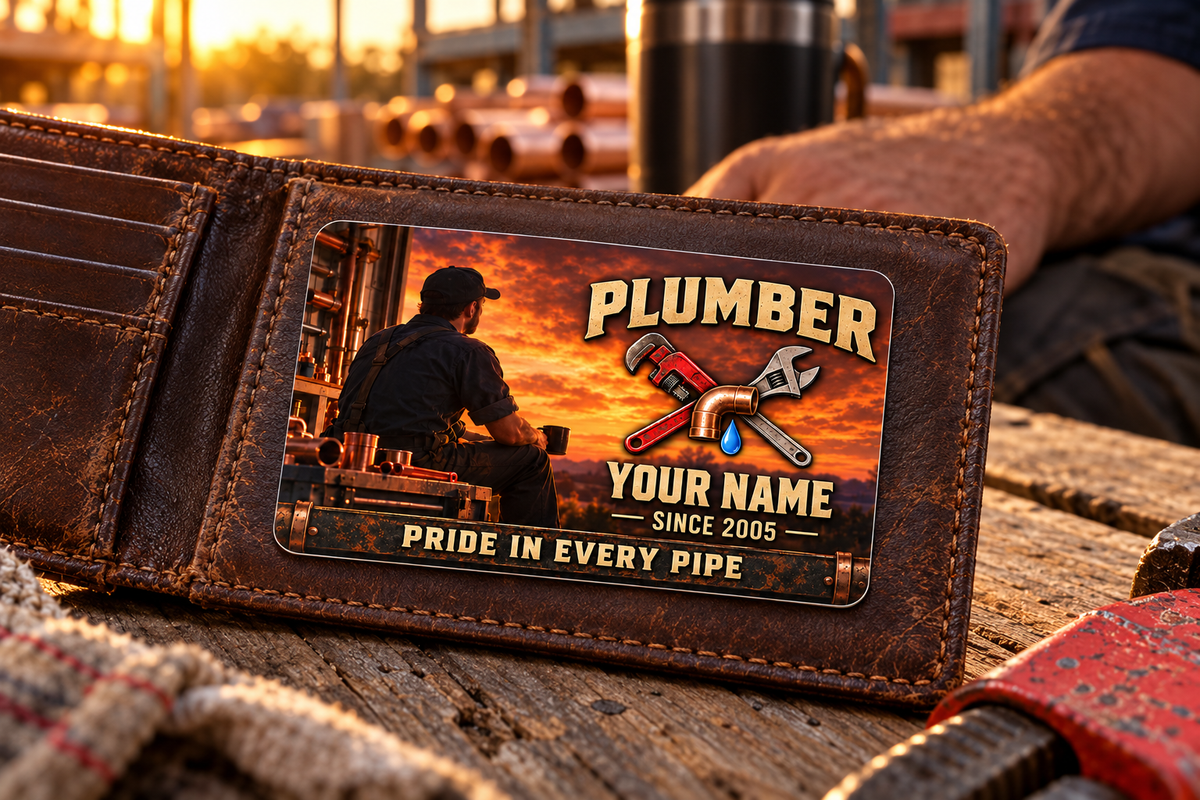 The printed front of the Plumber Sunset Workday aluminum wallet card shown in an occupational lifestyle setting with an adult worker.