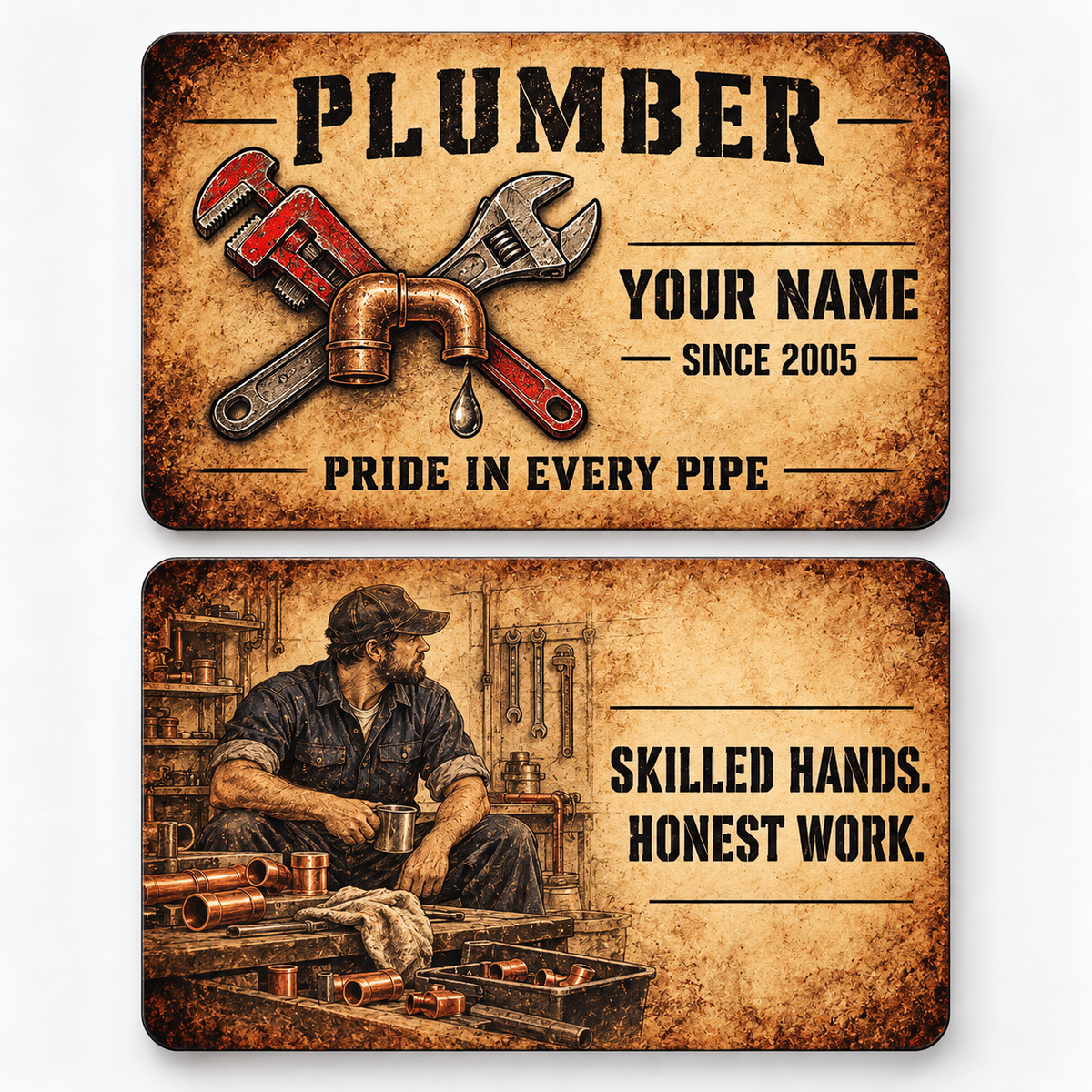 Front and reverse views of the Plumber Sepia Craft Legacy aluminum wallet card, showing its trade-themed printed artwork.
