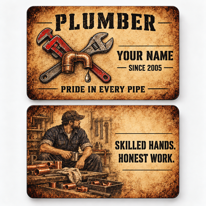 Front and reverse views of the Plumber Sepia Craft Legacy aluminum wallet card, showing its trade-themed printed artwork.
