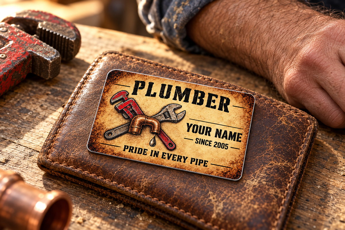 The printed front of the Plumber Sepia Craft Legacy aluminum wallet card shown in an occupational lifestyle setting with an adult worker.