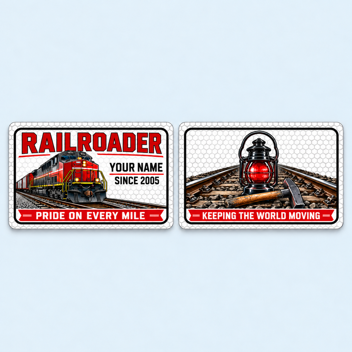 Railroader Honeycomb Pride aluminum keepsake wallet card, front and reverse views. A Railroader keepsake with a pale honeycomb pattern, bold black frame and red banners surrounding detailed locomotive and track-tool artwork.