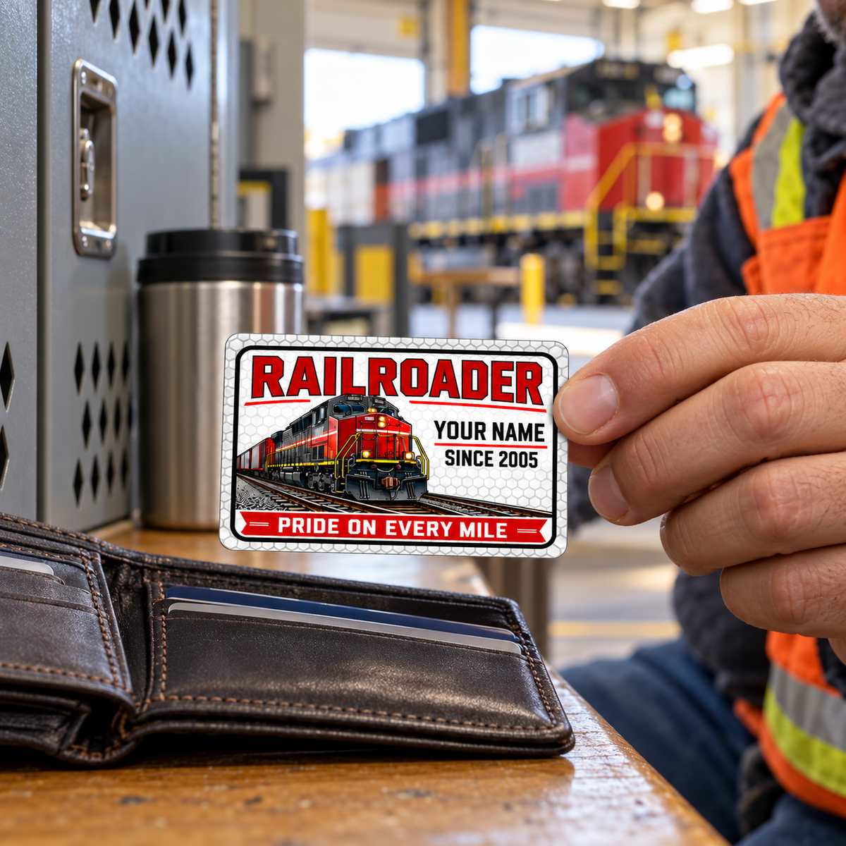 Railroader Honeycomb Pride wallet card held above an open wallet beside a depot staff locker.