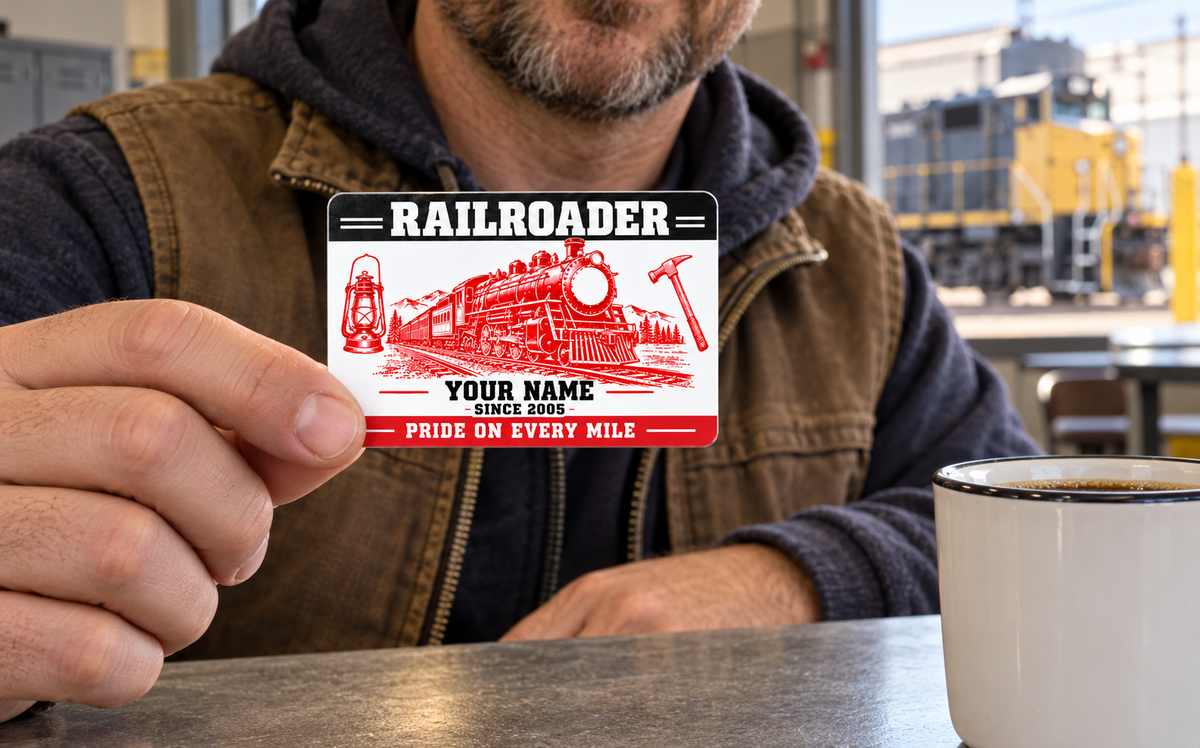 Railroader Red Monochrome aluminum keepsake wallet card held at its corner by an adult worker at a crew break counter.