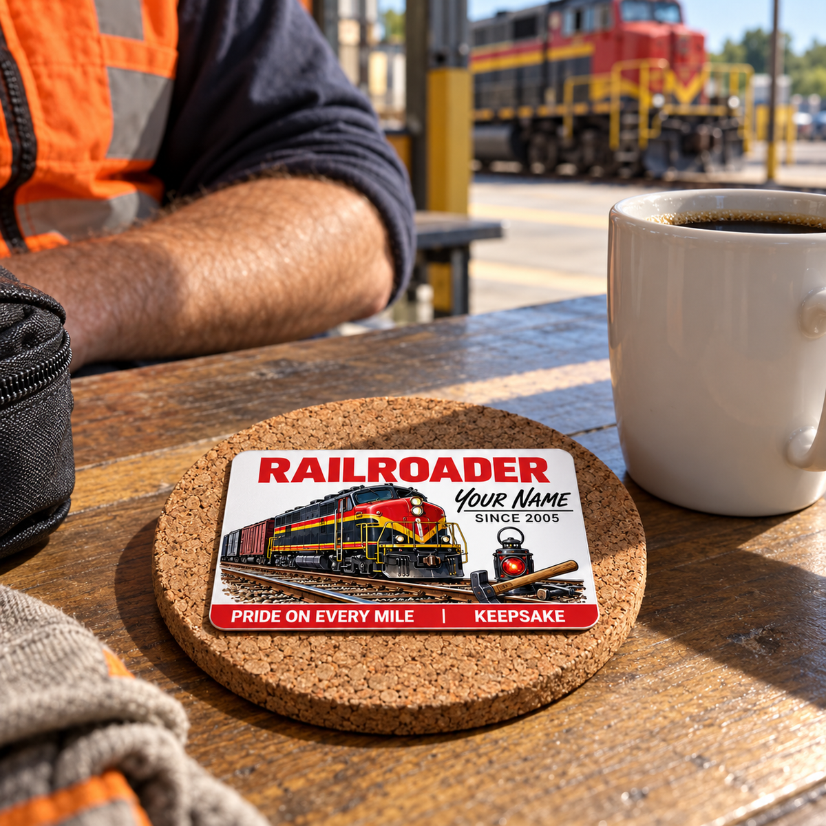 Railroader Signature Classic wallet card lying flat on a cork coaster beside coffee at a depot break table.