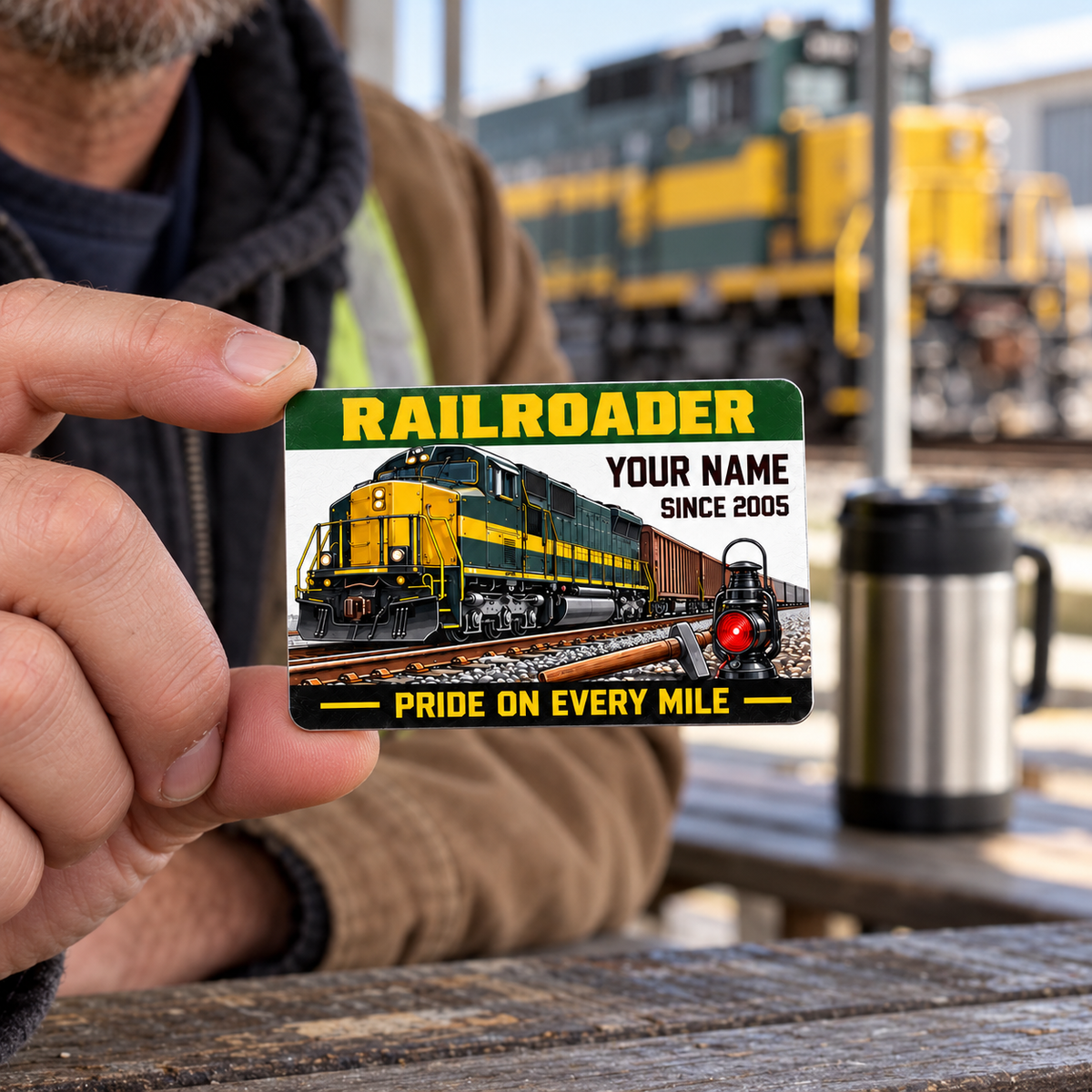 Railroader Green Band wallet card held by one short edge at a shaded depot crew bench, with a thermos and stationary locomotive behind.