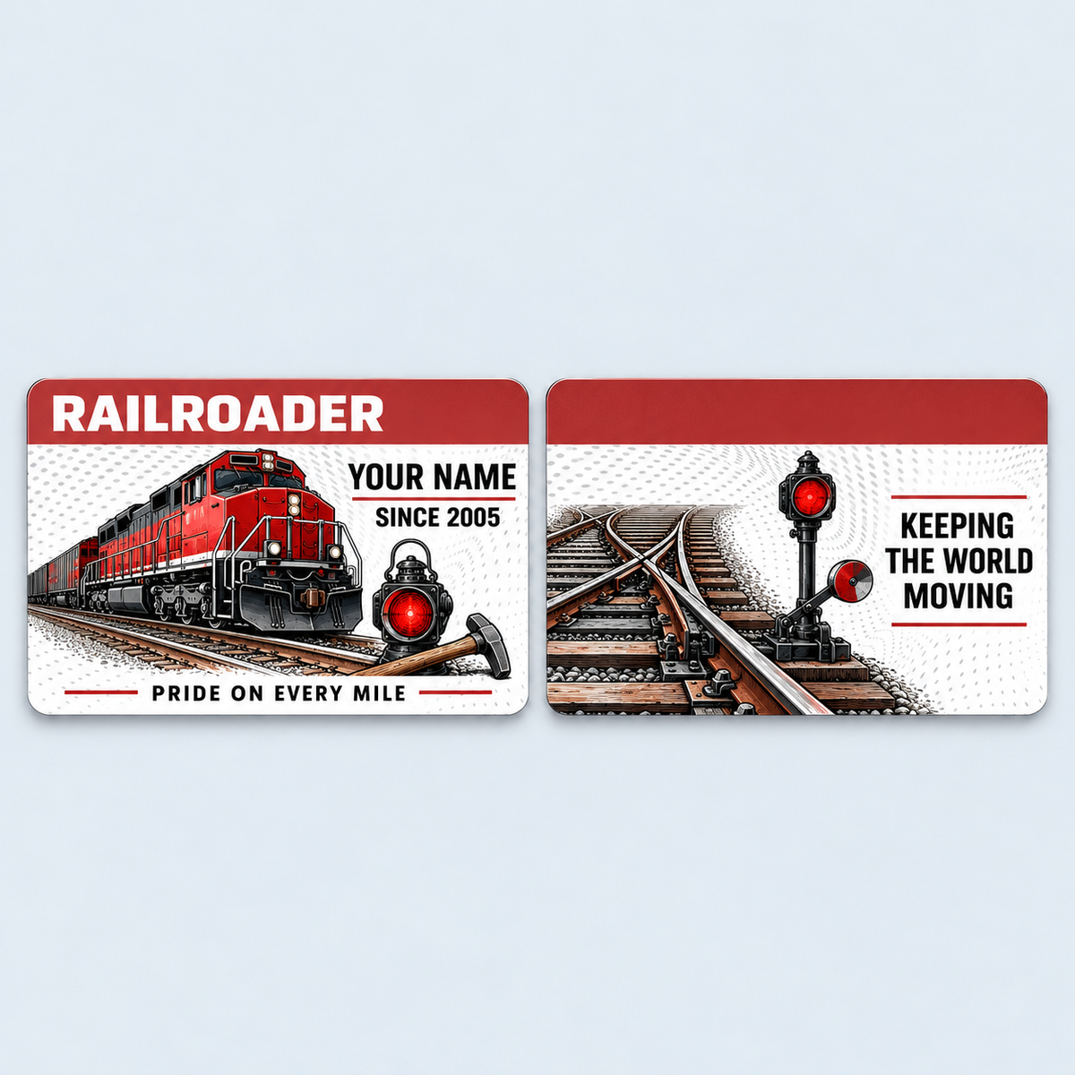 Railroader Red Header aluminum keepsake wallet card, front and reverse views. A Railroader keepsake pairing a brick-red header with a white dotted-wave field, a bold locomotive illustration and a reverse tribute to the people who keep the world moving.
