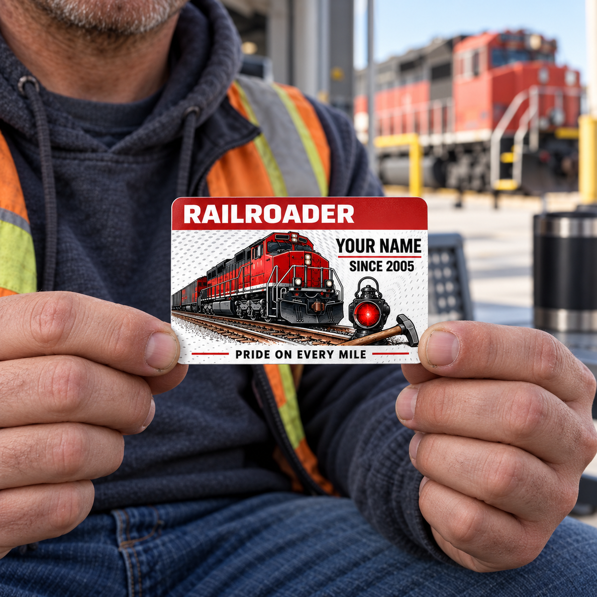 Railroader Red Header wallet card held by an adult worker seated in a safe depot break area.