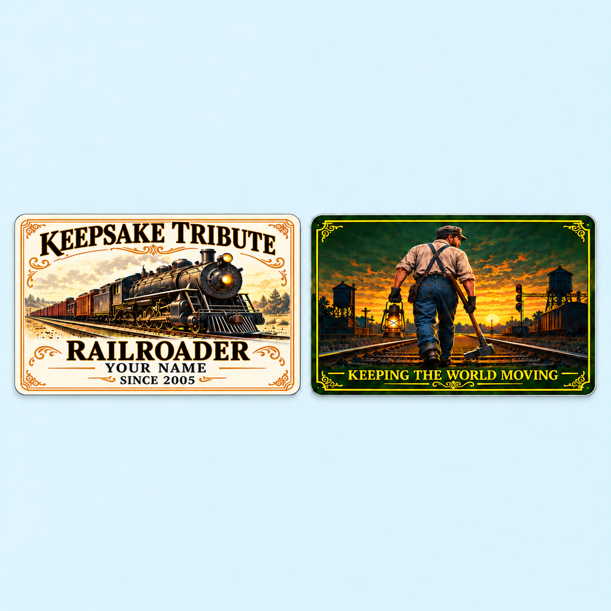 Railroader Ivory Heritage aluminum keepsake wallet card, front and reverse views. An ivory front with ornate gold-colored details frames a classic steam locomotive and KEEPSAKE TRIBUTE lettering. The deep-green reverse shows a railroad worker with a lantern and track hammer, alongside KEEPING THE WORLD MOVING.