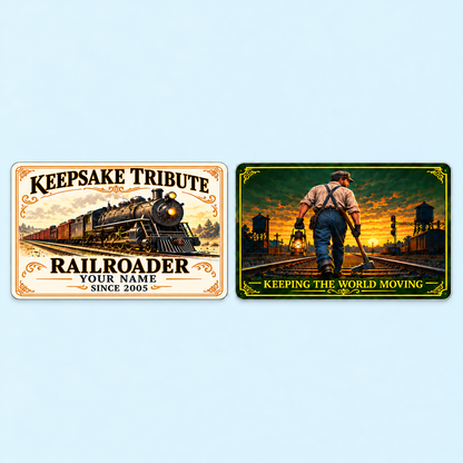 Railroader Ivory Heritage aluminum keepsake wallet card, front and reverse views. An ivory front with ornate gold-colored details frames a classic steam locomotive and KEEPSAKE TRIBUTE lettering. The deep-green reverse shows a railroad worker with a lantern and track hammer, alongside KEEPING THE WORLD MOVING.