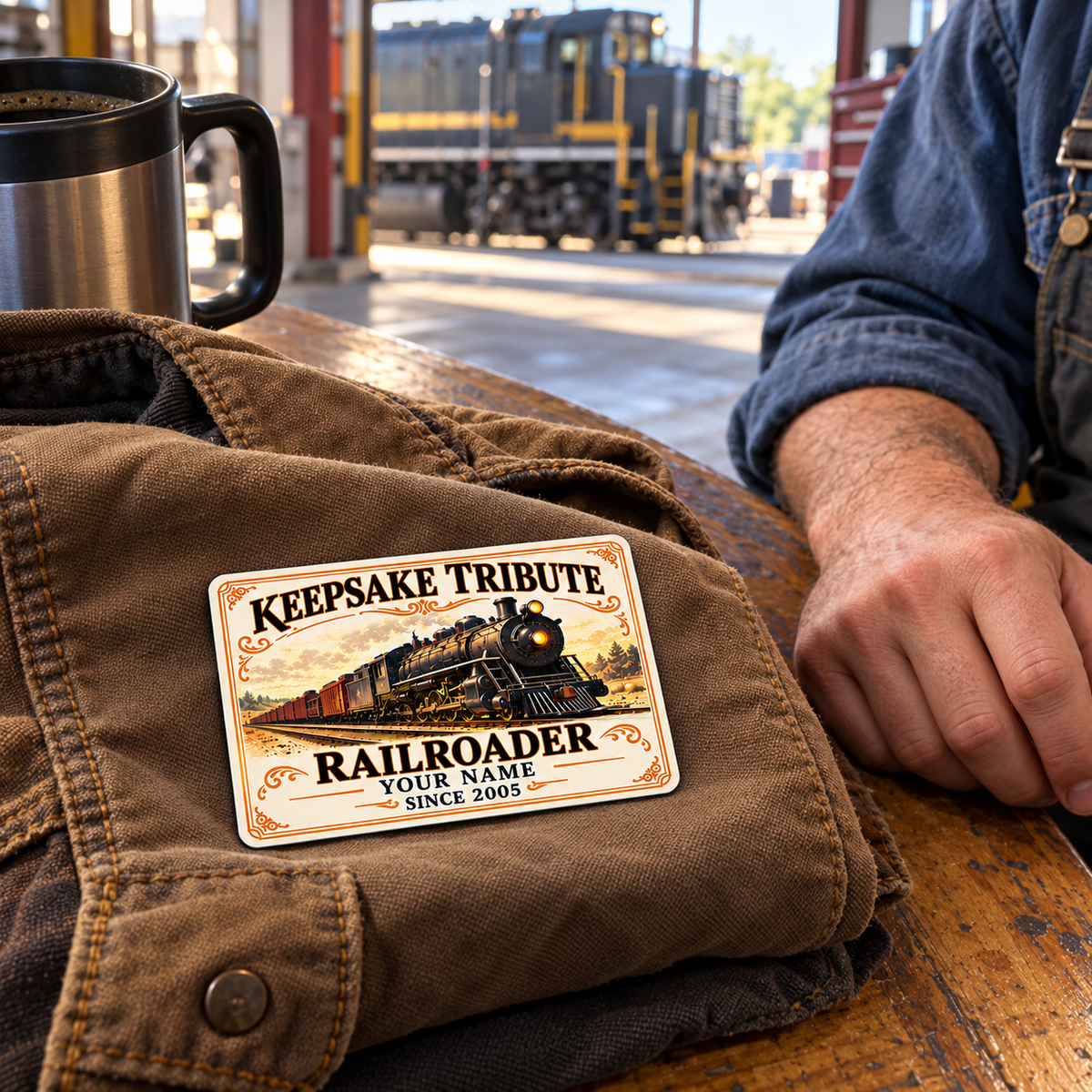 Railroader Ivory Heritage wallet card resting on a folded brown work jacket beside an adult worker's hand at a depot bench.