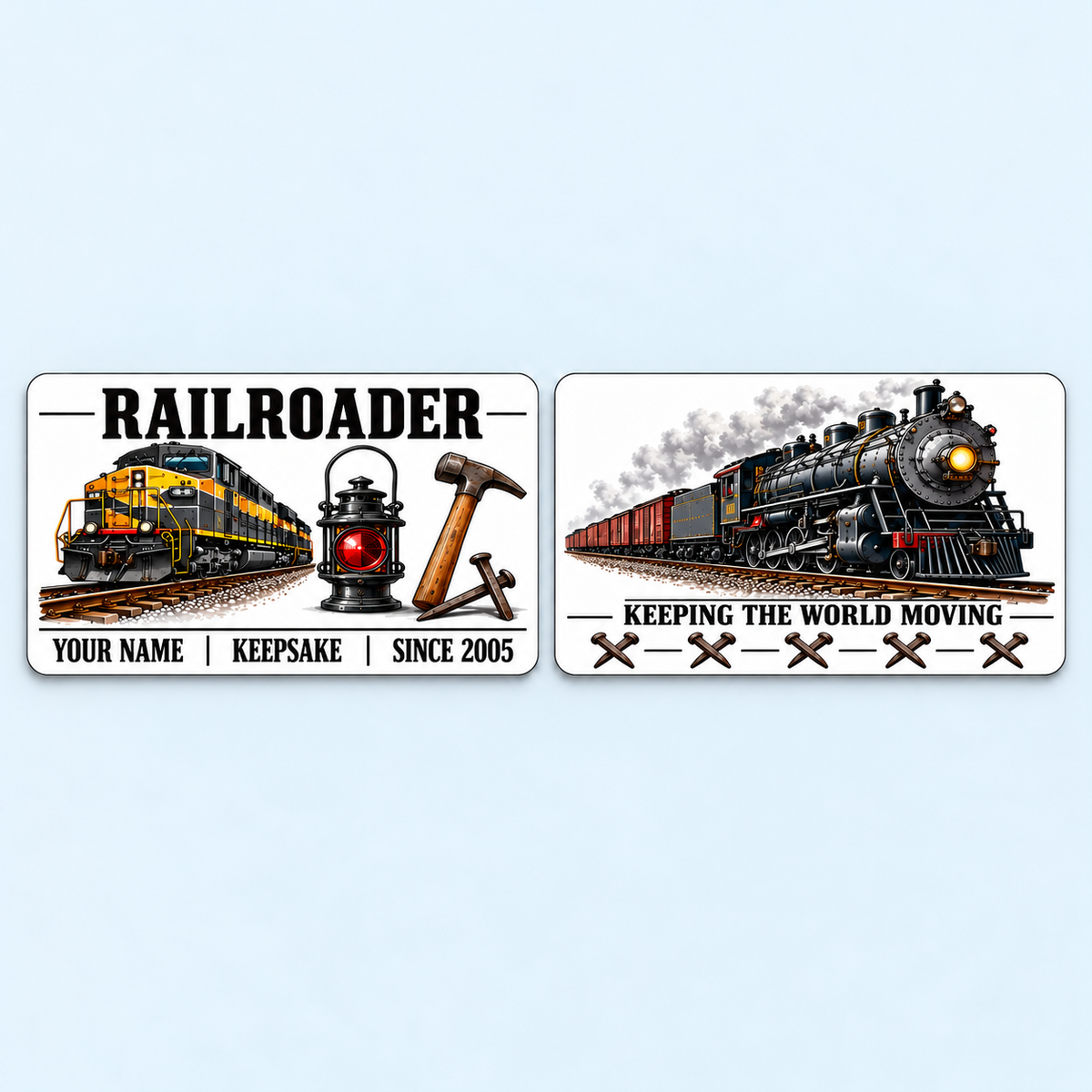 Railroader Minimal Tool Grid aluminum keepsake wallet card, front and reverse views. A crisp white design pairs a locomotive, railroad lantern and spike hammer with bold black lettering. The reverse features a classic steam train and the message KEEPING THE WORLD MOVING, a compact tribute to railroad pride.