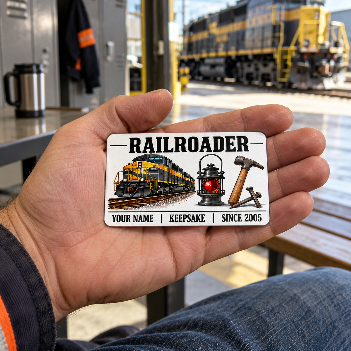 Railroader Minimal Tool Grid aluminum wallet card resting on an adult worker's open palm in a depot crew area.