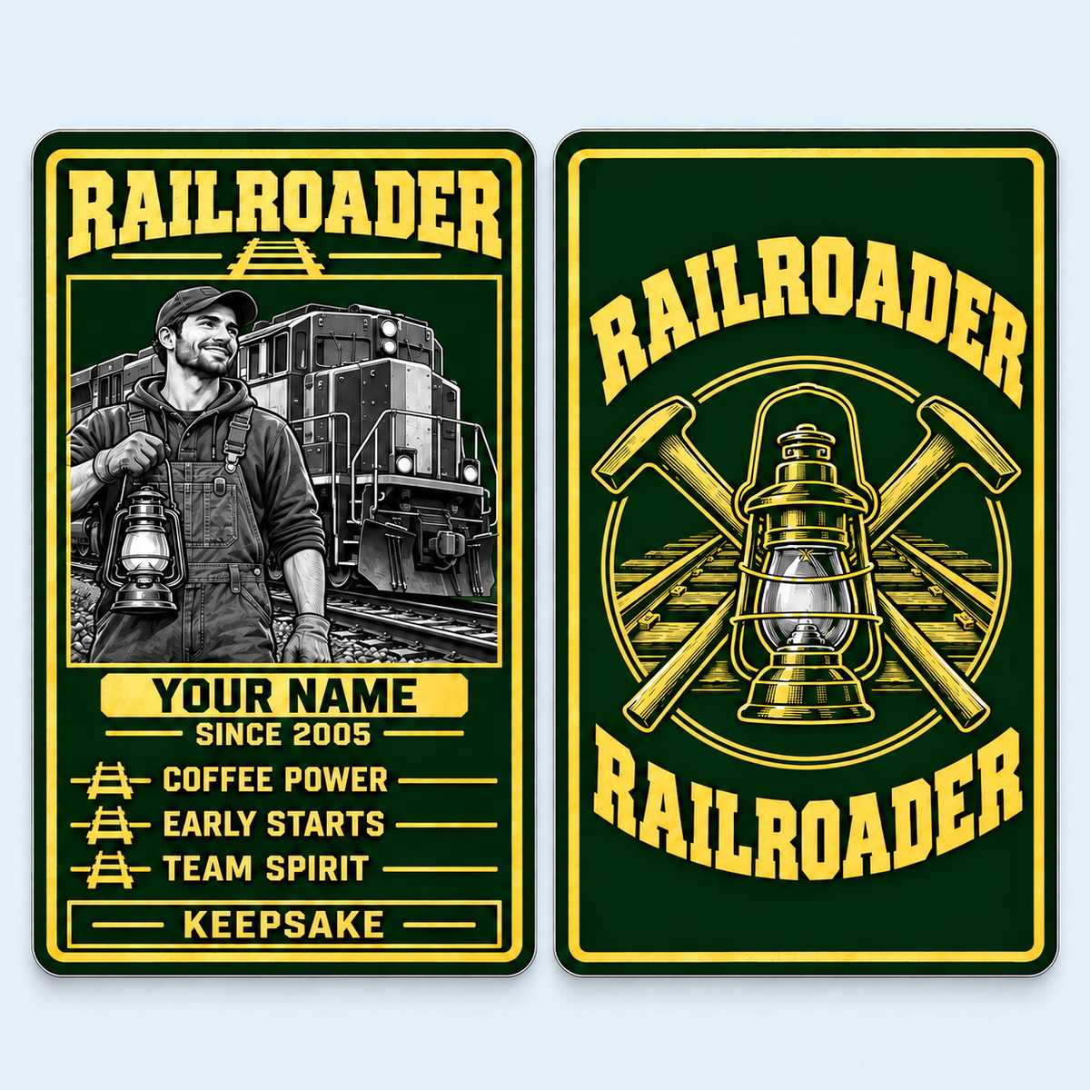 Railroader Trade Legend aluminum keepsake wallet card, front and reverse views. A green-and-gold portrait design celebrates railroad pride with a grayscale rail worker and lantern, playful workday traits and a decorative rail-tool reverse.