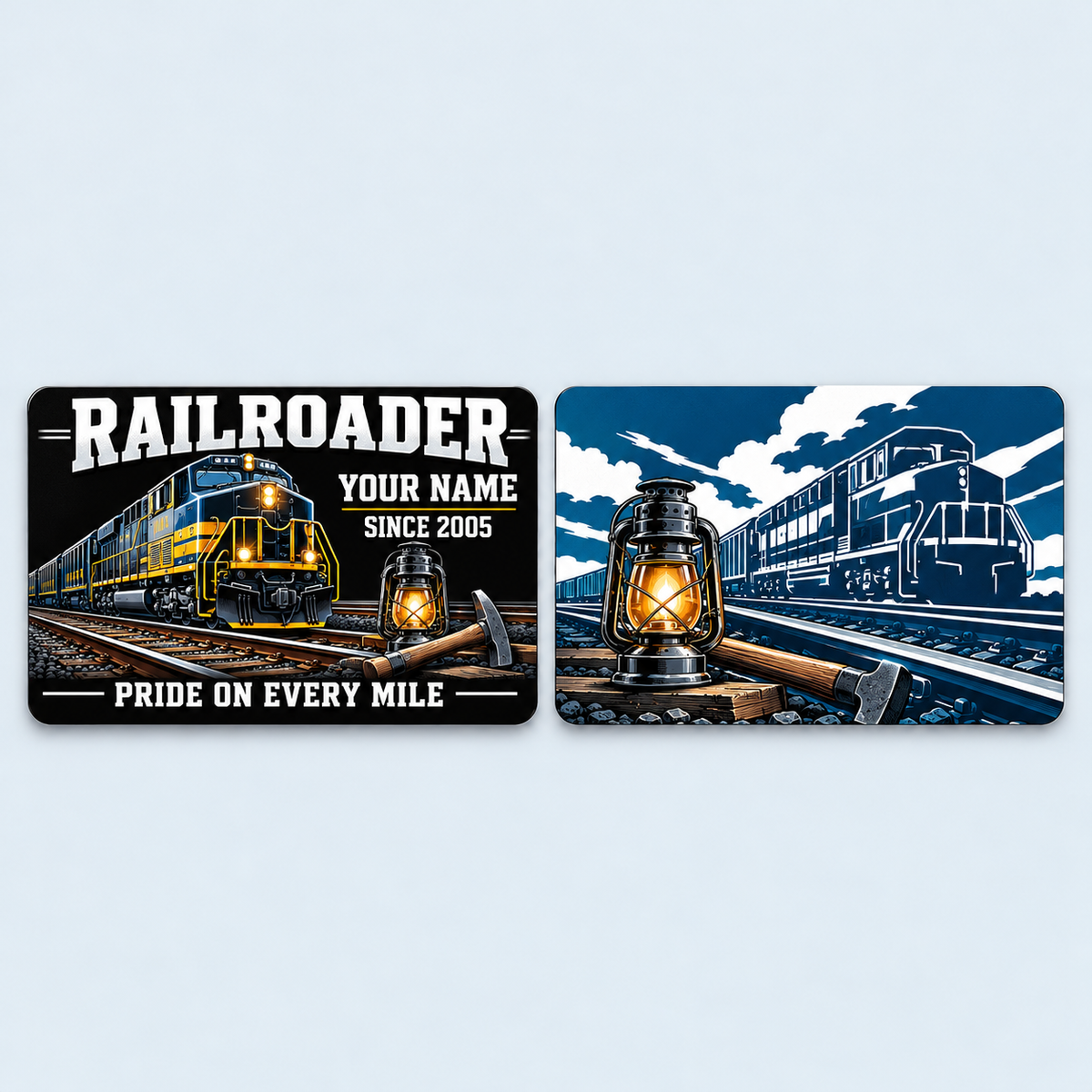 Railroader Midnight Pride aluminum keepsake wallet card, front and reverse views. Bold white lettering stands out against a black background with a blue-and-gold locomotive, glowing lantern and track hammer. A graphic blue-and-white railroad scene fills the reverse, creating a striking tribute to life on the rails.