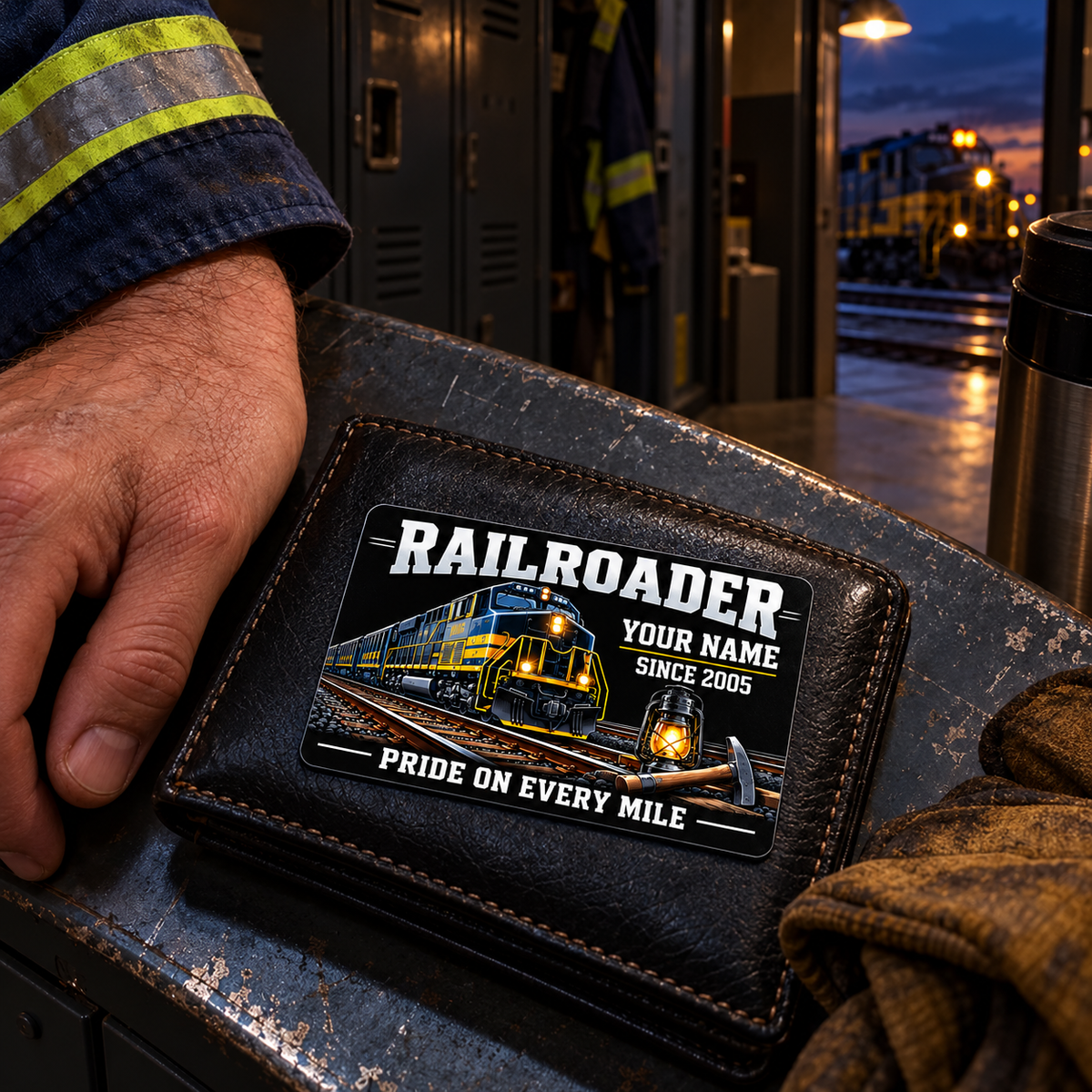 Railroader Midnight Pride wallet card lying flat on a dark leather wallet beside a worker's hand in an evening depot locker room.