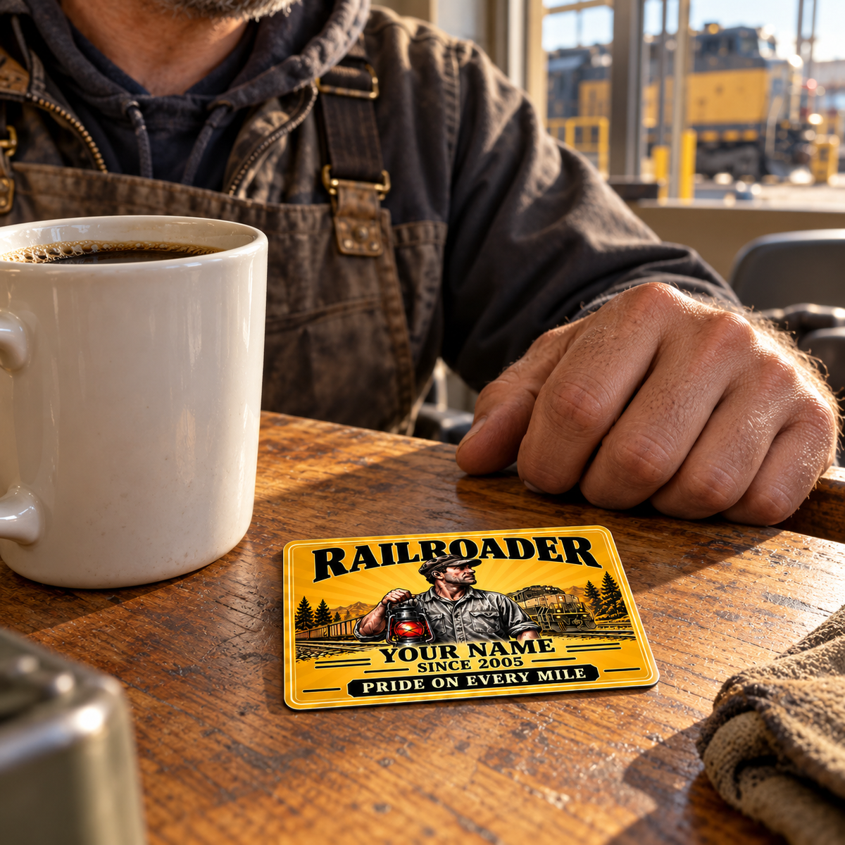 Railroader Golden Milestone wallet card lying flat on a wooden crew-room table beside a coffee mug and an adult worker's hand.