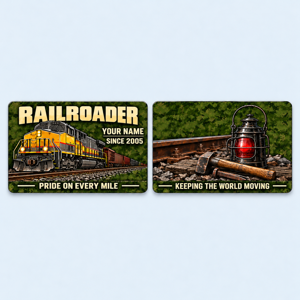 Railroader Rugged Field aluminum keepsake wallet card, front and reverse views. An olive-camouflage Railroader keepsake with a detailed locomotive, classic signal lantern and track tools, finished with warm tan lettering on both printed sides.