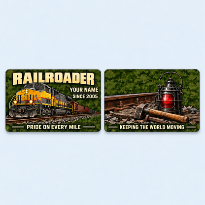 Railroader Rugged Field aluminum keepsake wallet card, front and reverse views. An olive-camouflage Railroader keepsake with a detailed locomotive, classic signal lantern and track tools, finished with warm tan lettering on both printed sides.