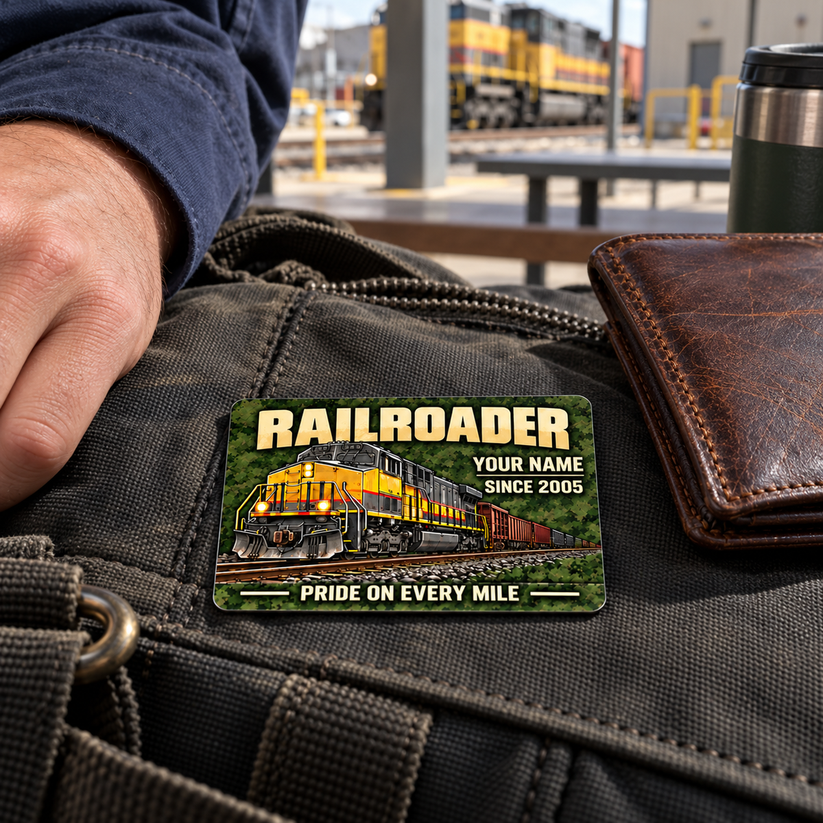 Railroader Rugged Field wallet card on a canvas gear bag beside a leather wallet in a depot crew rest area.