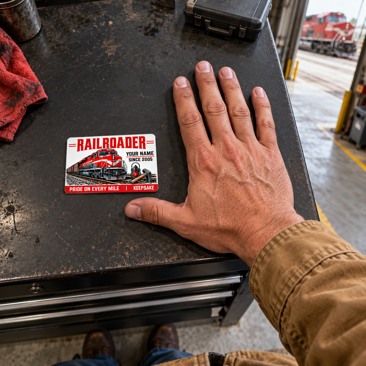 Railroader Signature Modern wallet card lying flat on a depot tool cabinet beside an adult worker's hand.