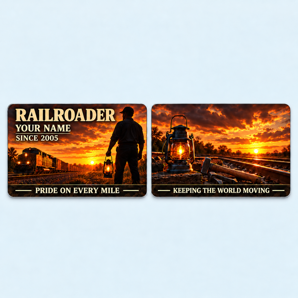 Railroader Sunset Workday aluminum keepsake wallet card, front and reverse views. A dramatic amber sunset silhouettes a railroad worker and locomotive, with cream lettering and a dark lower slogan band. The reverse pairs a glowing lantern and track tools with KEEPING THE WORLD MOVING, celebrating pride in every mile.