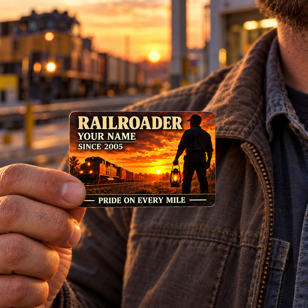 Railroader Sunset Workday wallet card held at chest level by an adult worker at a depot during golden hour.
