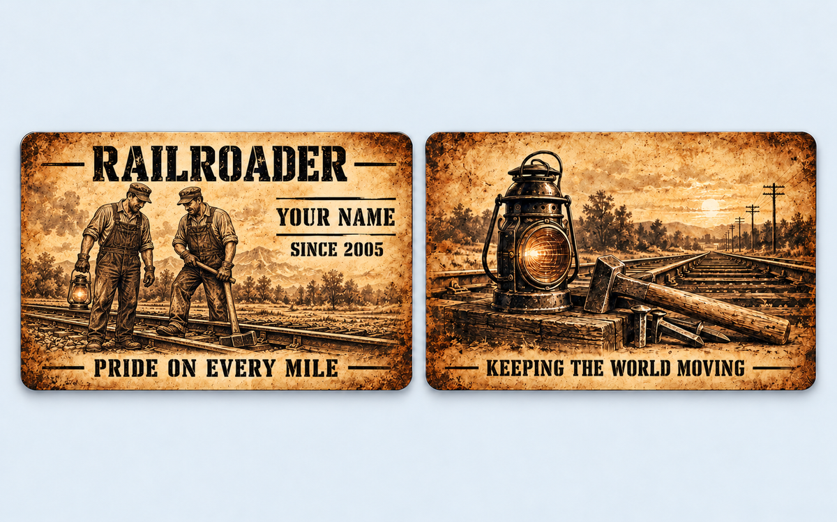 Railroader Sepia Legacy aluminum keepsake wallet card, front and reverse views. Sepia parchment-style artwork celebrates railroad work with two illustrated rail workers, a lantern and track tools. The reverse pairs a lantern-and-rails scene with a tribute to keeping the world moving.