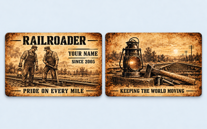 Railroader Sepia Legacy aluminum keepsake wallet card, front and reverse views. Sepia parchment-style artwork celebrates railroad work with two illustrated rail workers, a lantern and track tools. The reverse pairs a lantern-and-rails scene with a tribute to keeping the world moving.