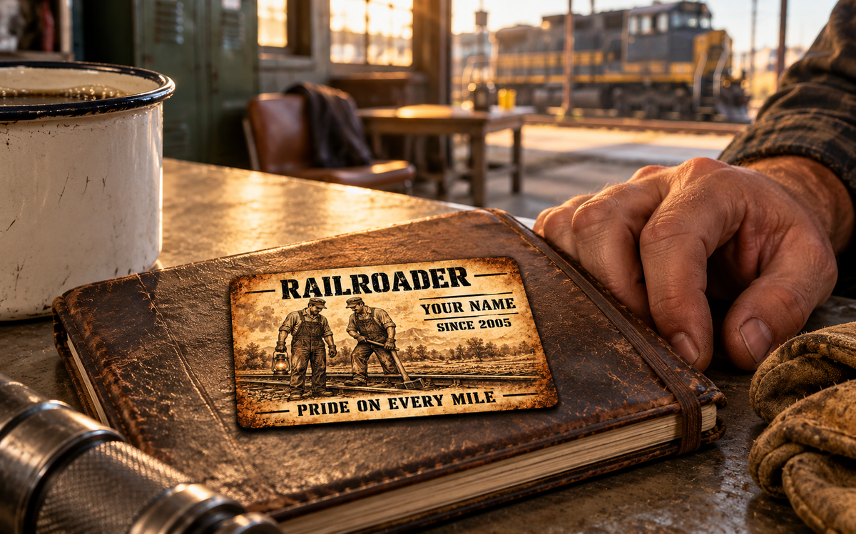 Railroader Sepia Legacy aluminum keepsake wallet card resting flat on a worn work journal beside an adult worker's hand.