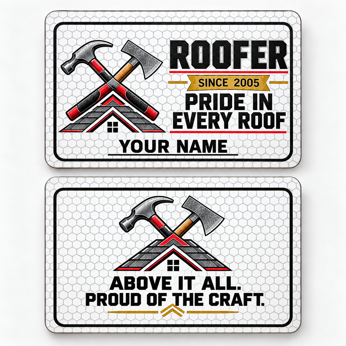 Front and reverse views of the Roofer Honeycomb Pride aluminum wallet card, showing its trade-themed printed artwork.
