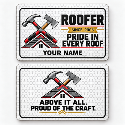 Front and reverse views of the Roofer Honeycomb Pride aluminum wallet card, showing its trade-themed printed artwork.