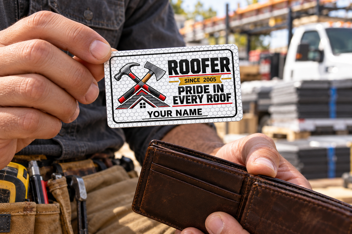 The printed front of the Roofer Honeycomb Pride aluminum wallet card shown in an occupational lifestyle setting with an adult worker.