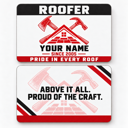 Front and reverse views of the Roofer Red Monochrome Craft aluminum wallet card, showing its trade-themed printed artwork.
