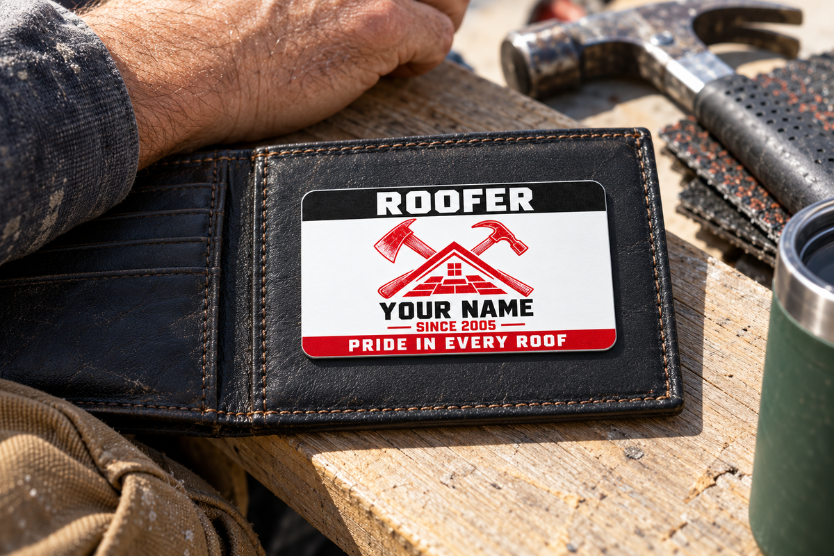The printed front of the Roofer Red Monochrome Craft aluminum wallet card shown in an occupational lifestyle setting with an adult worker.