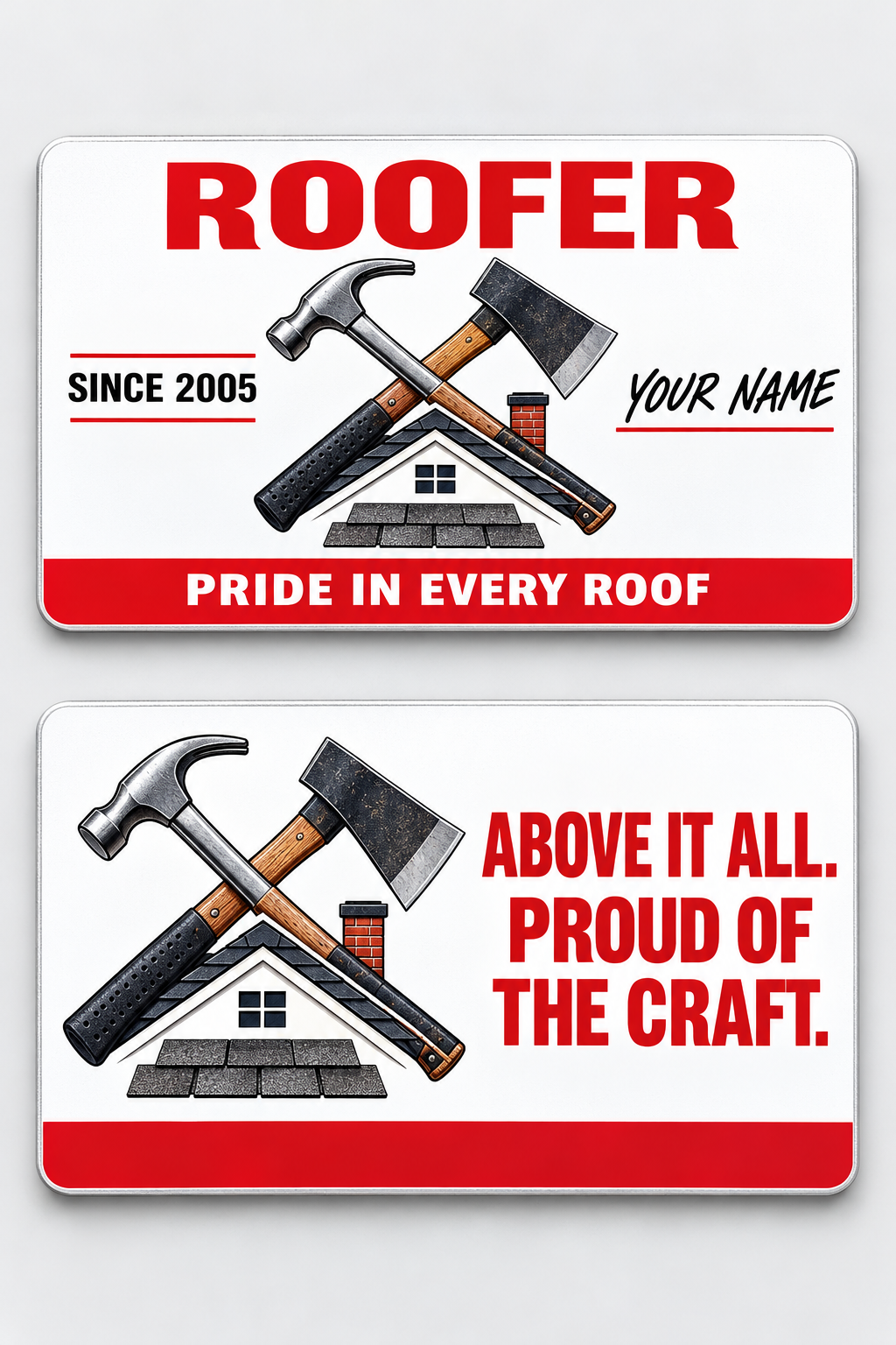 Front and reverse views of the Roofer Signature Classic aluminum wallet card, showing its trade-themed printed artwork.