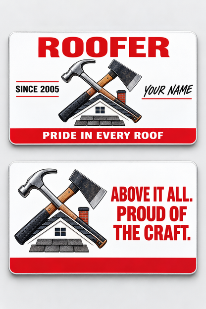 Front and reverse views of the Roofer Signature Classic aluminum wallet card, showing its trade-themed printed artwork.