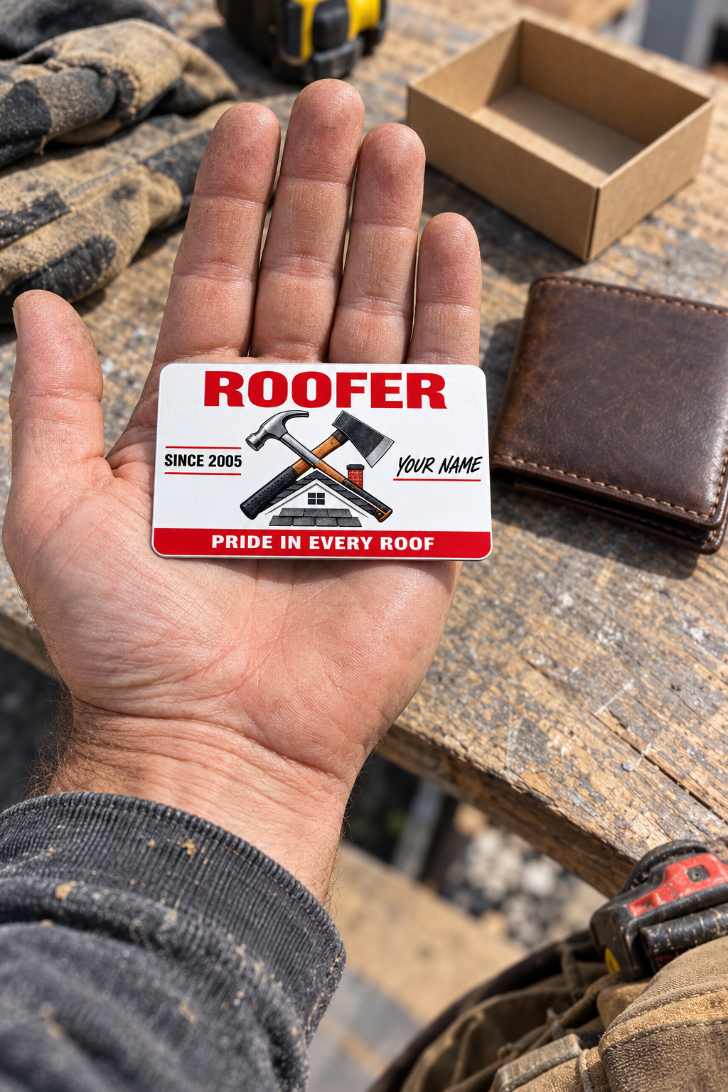 The printed front of the Roofer Signature Classic aluminum wallet card shown in an occupational lifestyle setting with an adult worker.