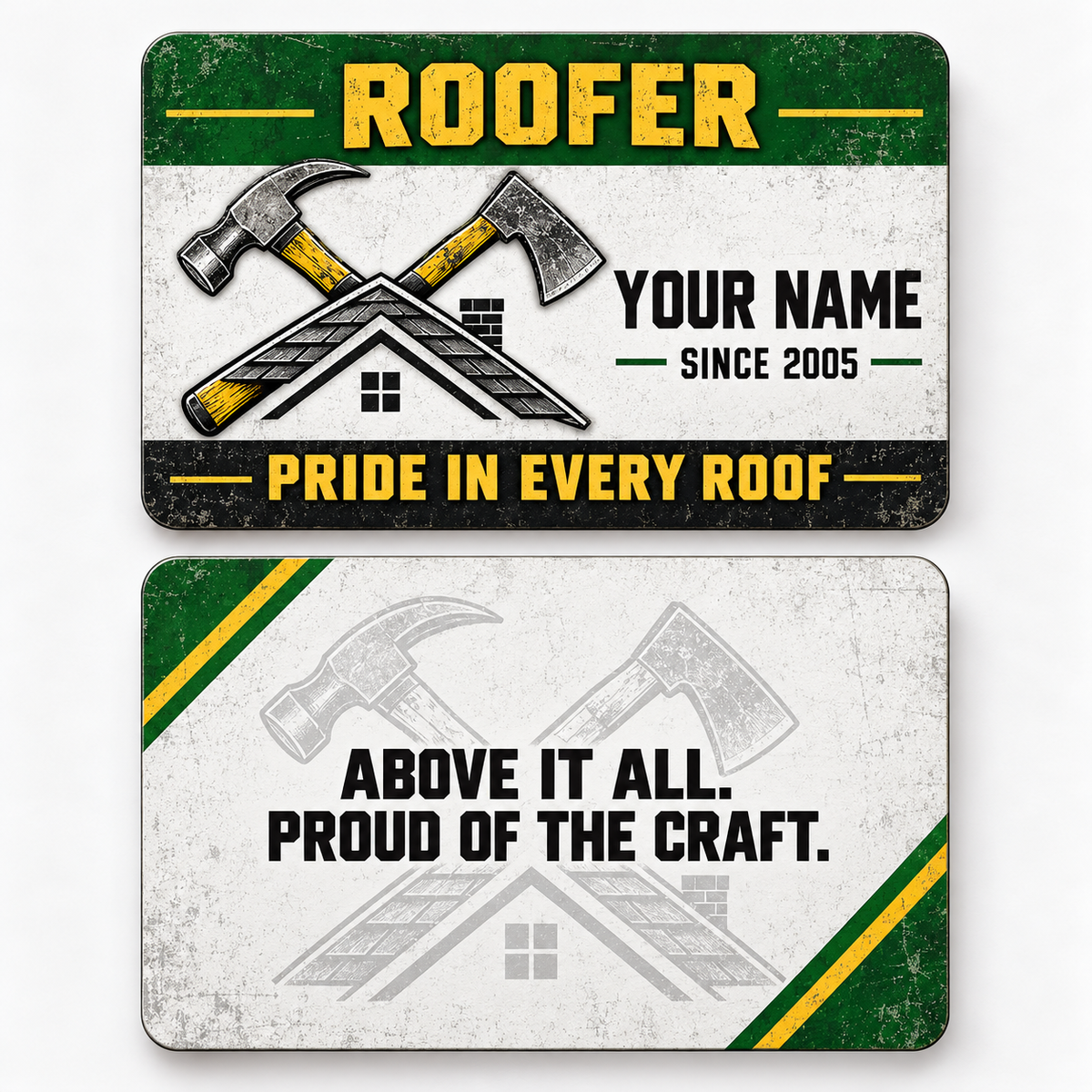 Front and reverse views of the Roofer Green Band Appreciation aluminum wallet card, showing its trade-themed printed artwork.
