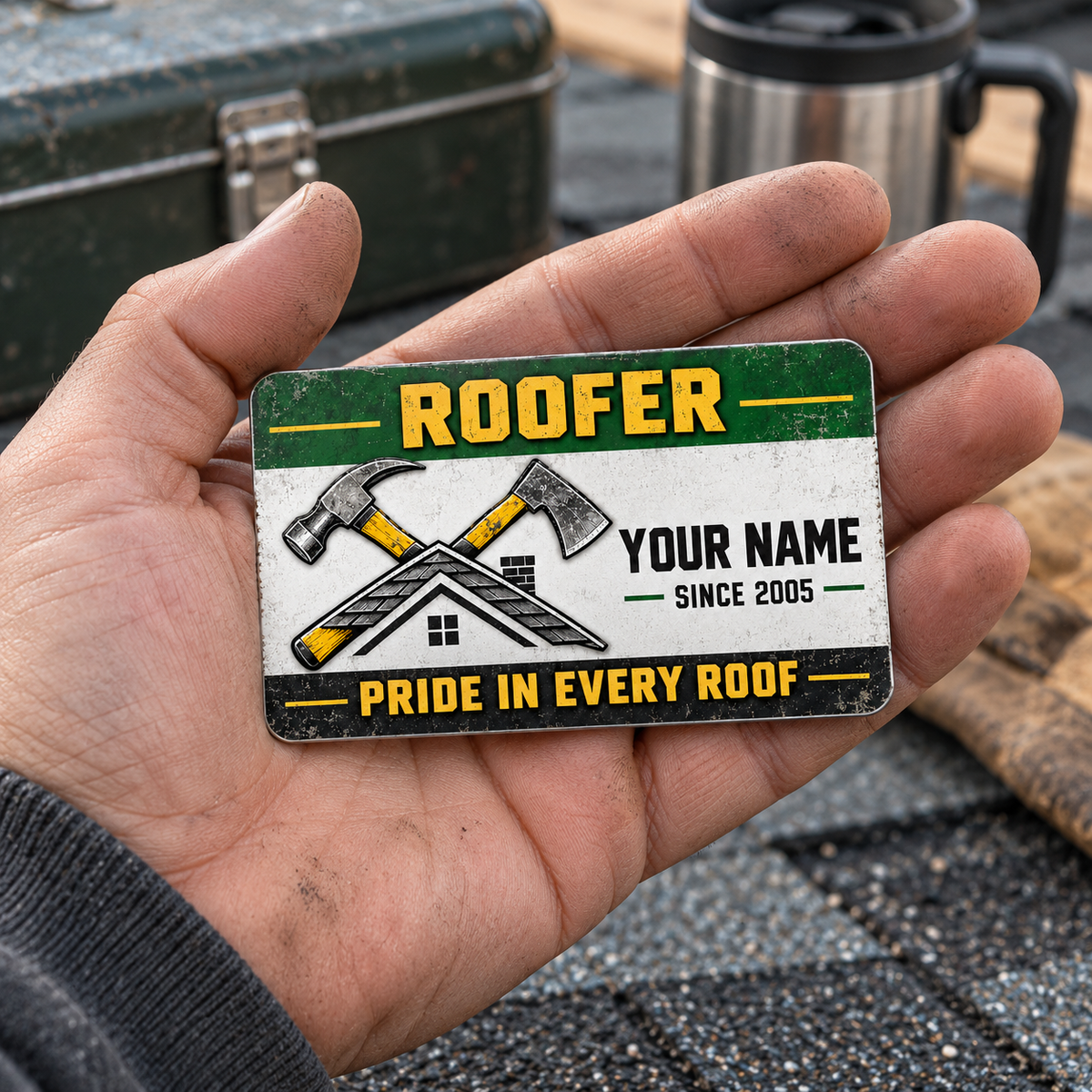 The printed front of the Roofer Green Band Appreciation aluminum wallet card shown in an occupational lifestyle setting with an adult worker.
