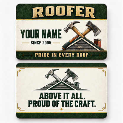 Front and reverse views of the Roofer Heritage Band Appreciation aluminum wallet card, showing its trade-themed printed artwork.