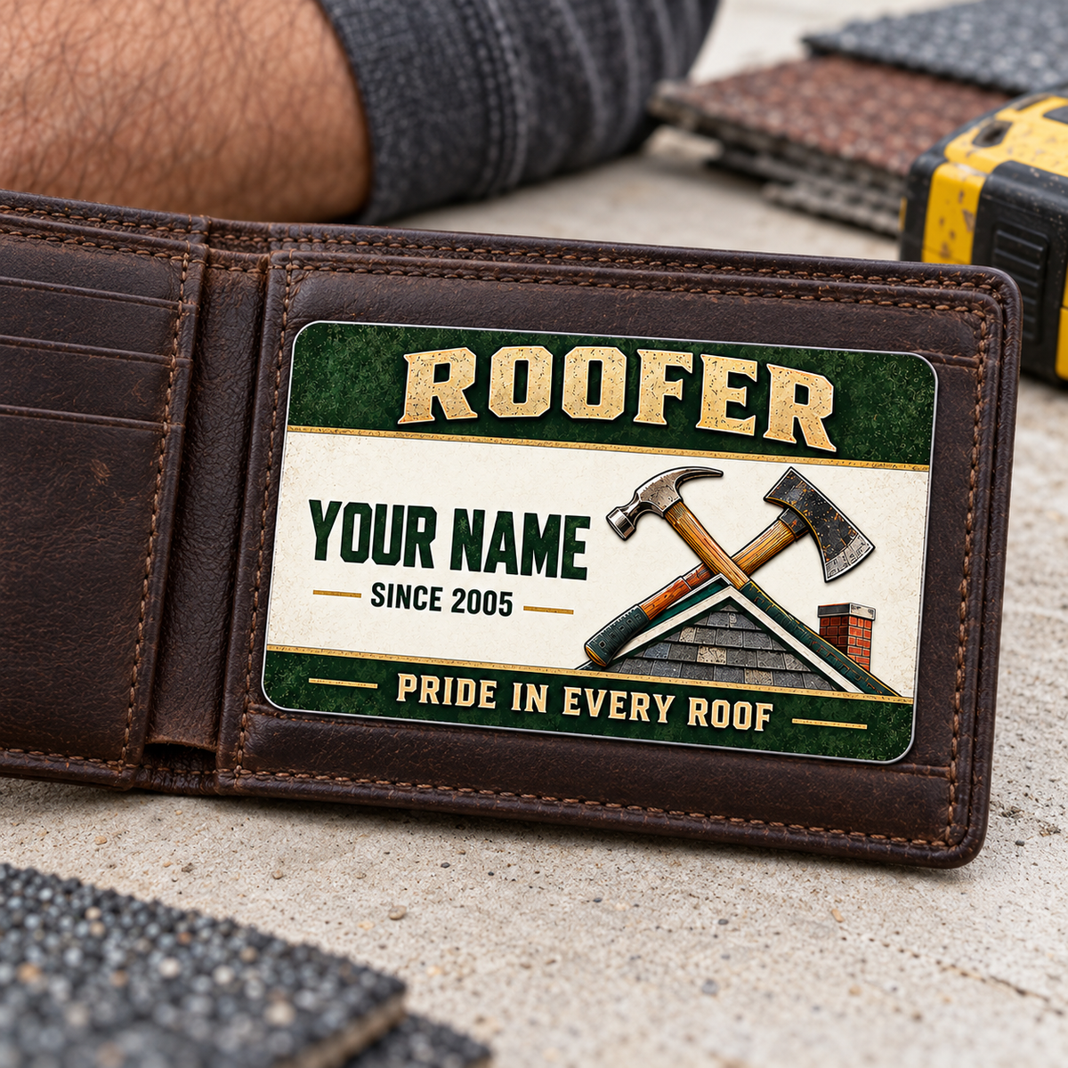 The printed front of the Roofer Heritage Band Appreciation aluminum wallet card shown in an occupational lifestyle setting with an adult worker.