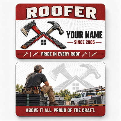 Front and reverse views of the Roofer Red Header Trade Pride aluminum wallet card, showing its trade-themed printed artwork.
