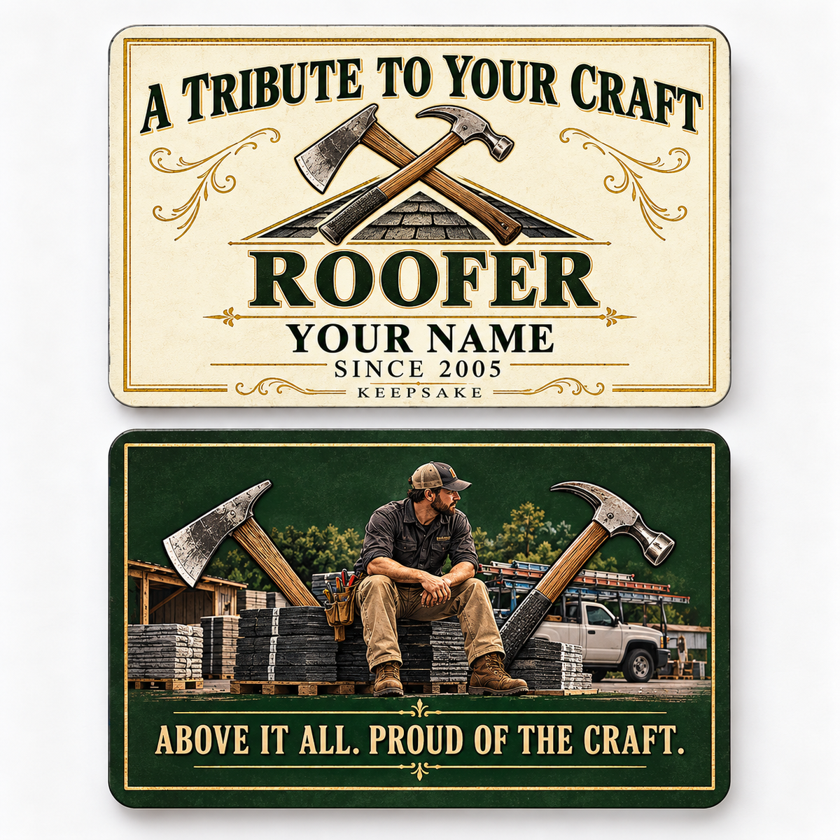 Front and reverse views of the Roofer Ivory Heritage Tribute aluminum wallet card, showing its trade-themed printed artwork.
