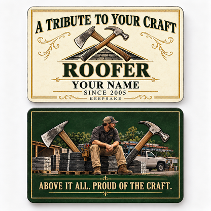 Front and reverse views of the Roofer Ivory Heritage Tribute aluminum wallet card, showing its trade-themed printed artwork.
