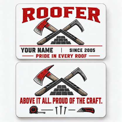 Front and reverse views of the Roofer Minimal Tool Grid aluminum wallet card, showing its trade-themed printed artwork.