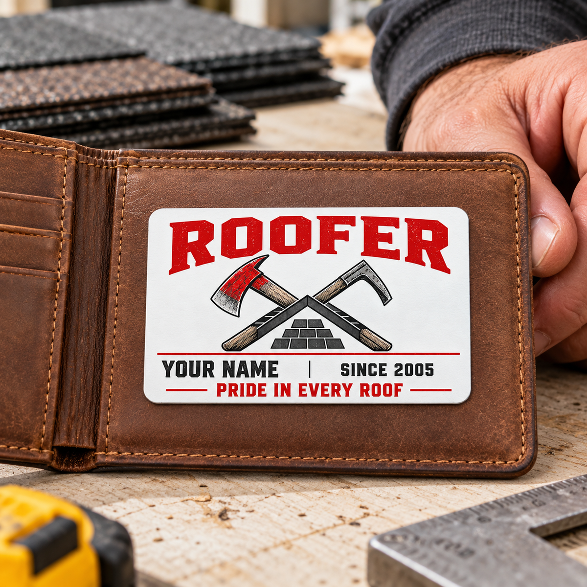 The printed front of the Roofer Minimal Tool Grid aluminum wallet card shown in an occupational lifestyle setting with an adult worker.